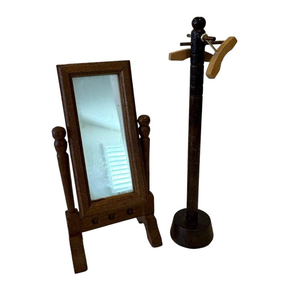 Vintage Miniature Dollhouse Wooden Floor Mirror and Coat Rack Set - Brown